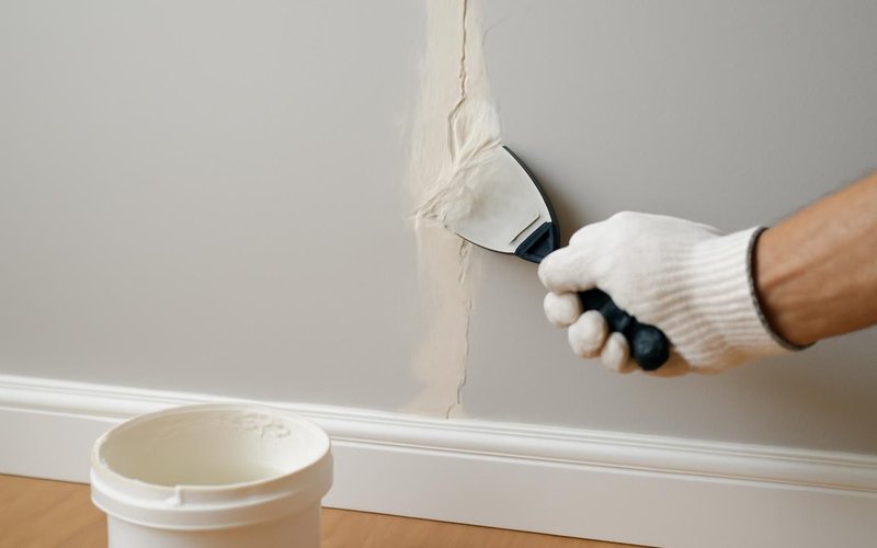 AI concept: Painter patching a wall crack before painting