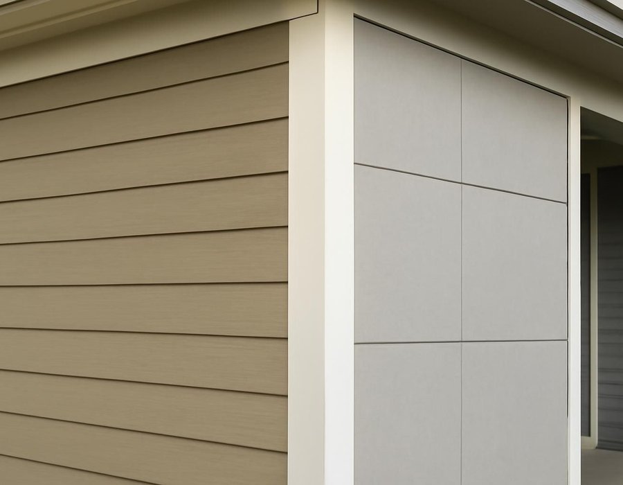 AI concept: James Hardie ColorPlus lap siding beside another brand of fiber cement panel