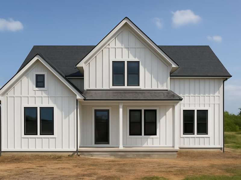 AI concept: Remodeled idea: farmhouse in white HardiePanel board and batten with black windows
