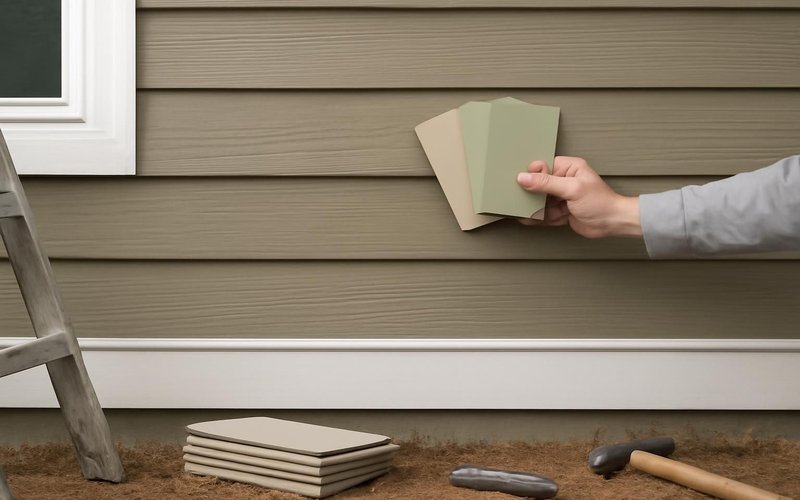 AI concept: Homeowner holding Hardie ColorPlus samples to the wall