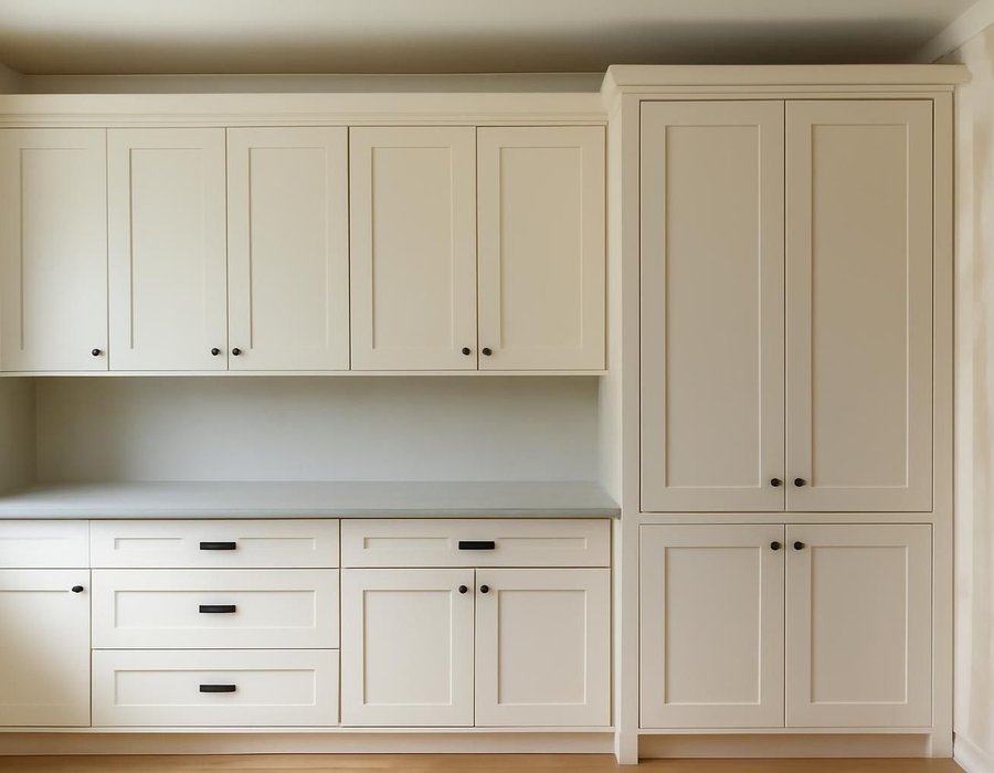 AI concept: Semi-custom shaker cabinets beside shop-built inset cabinets on a tall kitchen wall