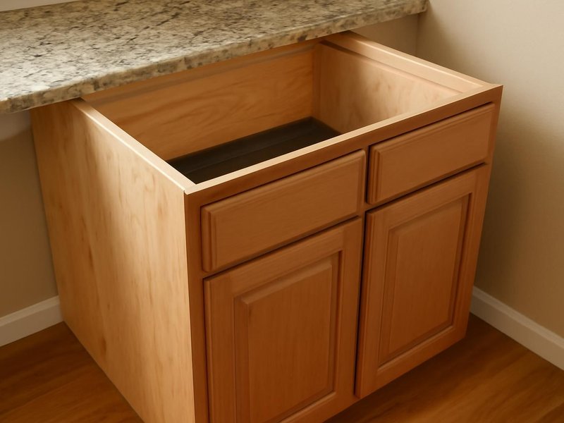 AI concept: Remodeled idea: new plywood sink base with a leak tray and new doors