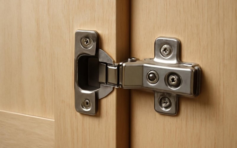 AI concept: Concealed soft-close cabinet hinge close-up