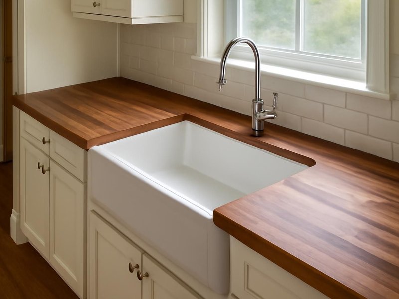 AI concept: Remodeled idea: warm walnut butcher block with a farmhouse sink