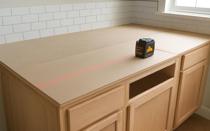 AI concept: Laser template being taken on bare kitchen cabinets