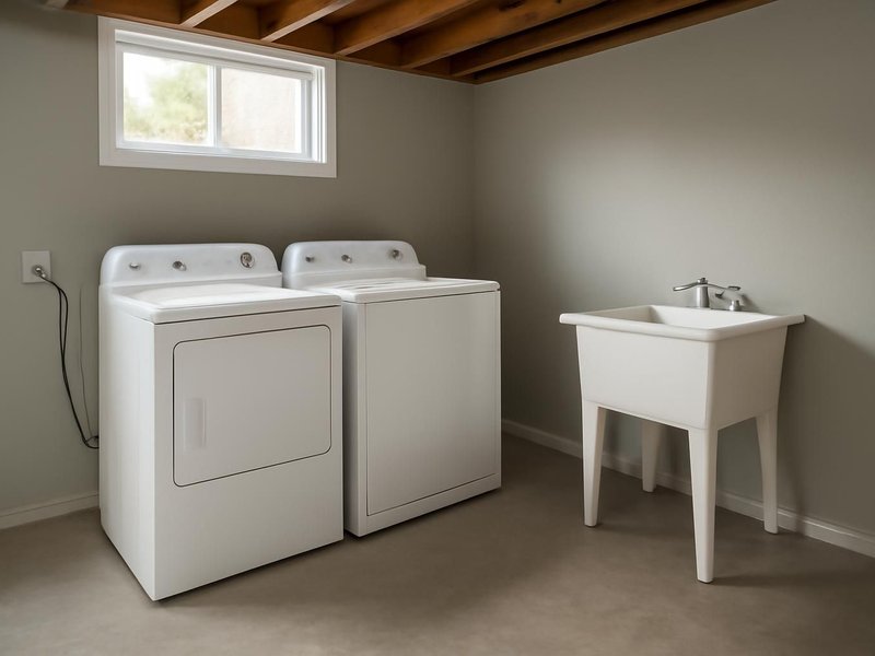 AI concept: Existing condition: basement laundry on bare concrete with a plastic utility tub