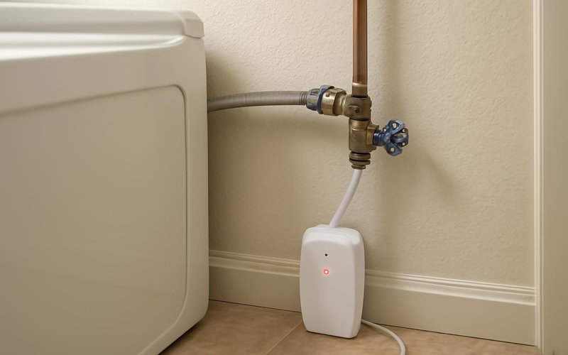 AI concept: Leak sensor and shutoff valve behind a washer