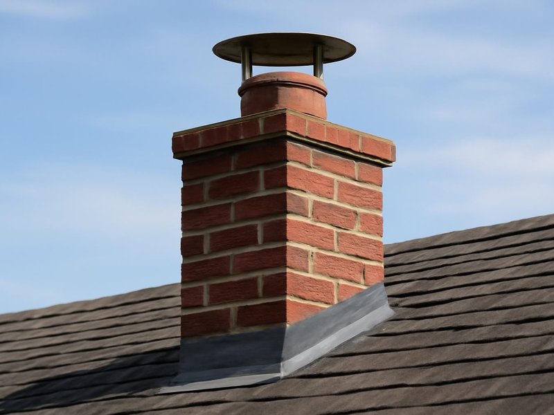 AI concept: A real-looking brick chimney on a shingle roof with visible open clay flue extending above the crown and a raised metal rain cap with clear ventilation gap