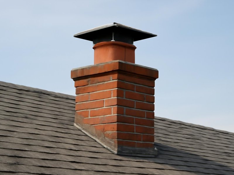 AI concept: A real-looking brick chimney on a shingle roof with visible open clay flue extending above the crown and a raised metal rain cap with clear ventilation gap