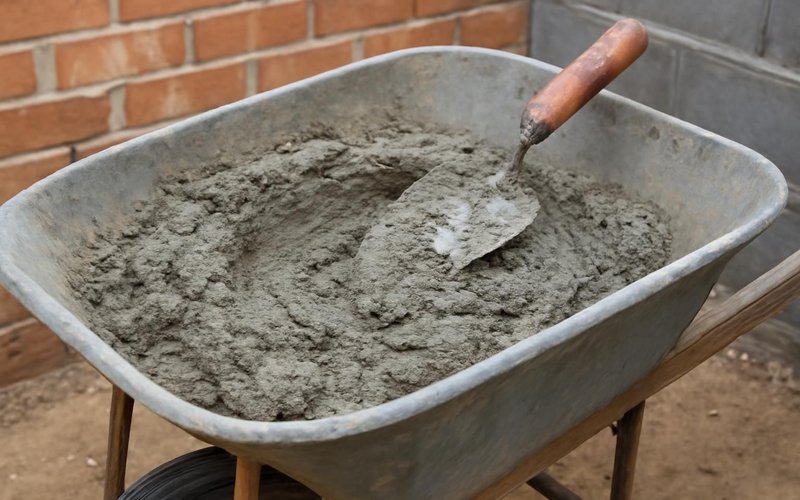 AI concept: Mortar being mixed in a wheelbarrow