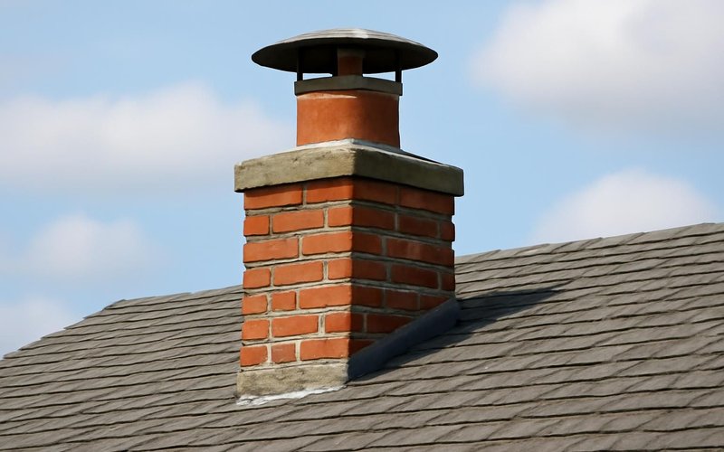 AI concept: A real-looking brick chimney on a shingle roof with visible open clay flue extending above the crown and a raised metal rain cap with clear ventilation gap