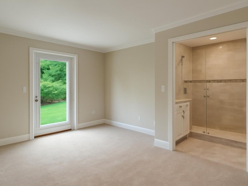 After: ground-floor primary suite with a garden door and a curbless shower