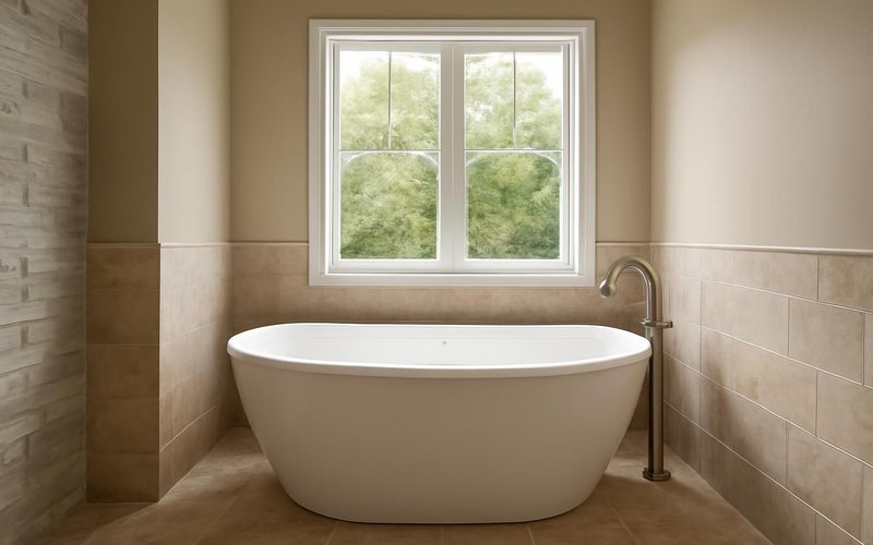 Freestanding soaking tub under a window