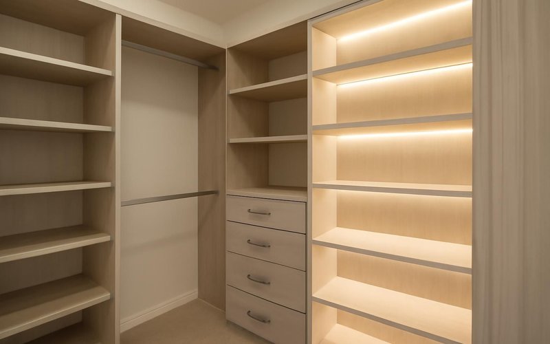 Walk-in closet with lit shelving and drawers