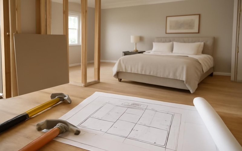 Supervisor reviewing primary suite floor plans with a couple