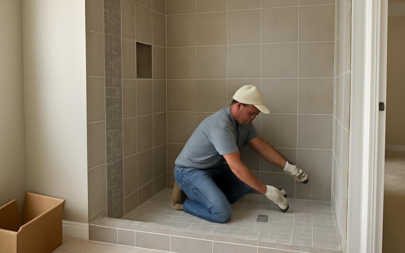 Tile setter finishing a walk-in shower in a new suite