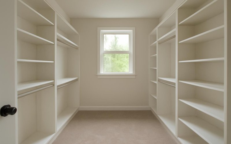 Finished walk-in closet with built-in shelving