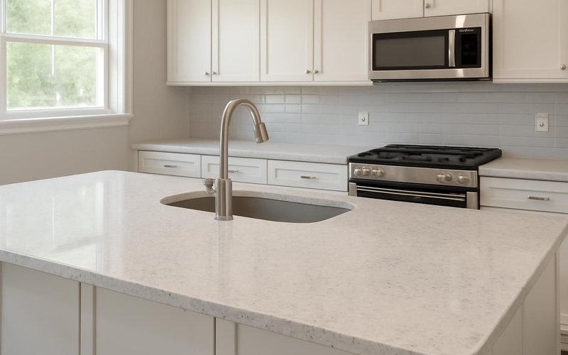 AI concept: Quartz countertop slab in a remodeled kitchen