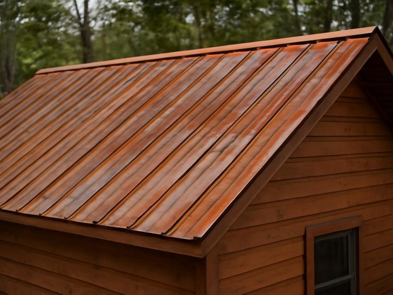 AI concept: Existing condition: rusted exposed fastener roof on a cabin