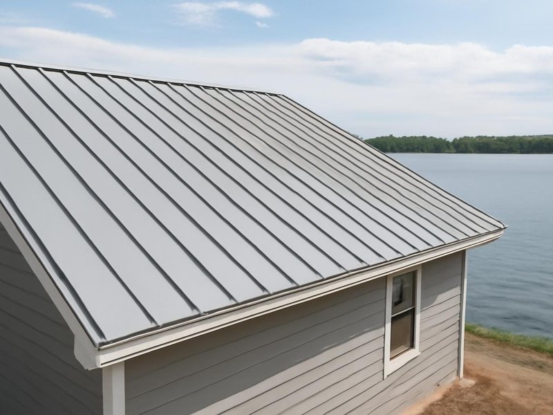 AI concept: Remodeled idea: light gray aluminum standing seam near the water