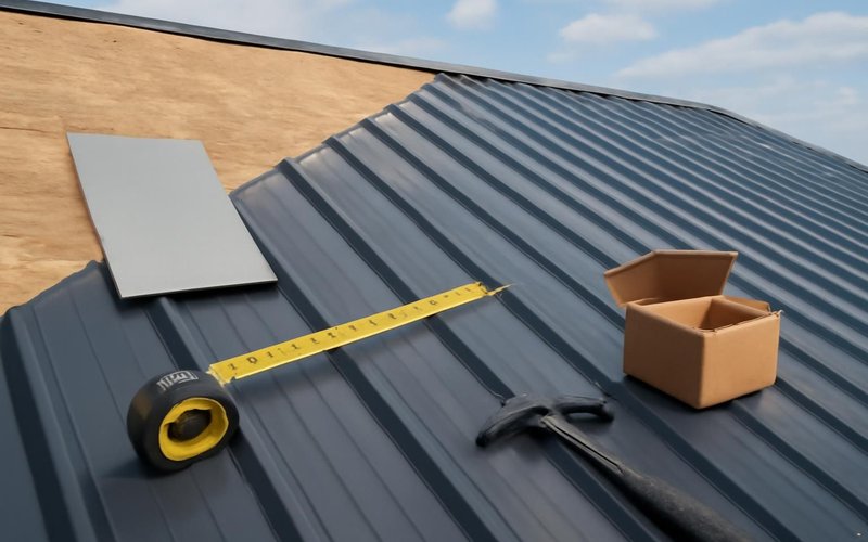 AI concept: Roofer measuring a roof slope for metal panels