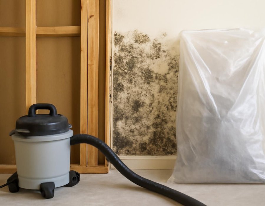 AI concept: Framing being HEPA vacuumed beside moldy drywall bagged for removal