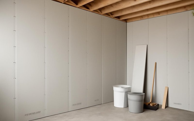 AI concept: Mold-resistant drywall panels on a basement wall