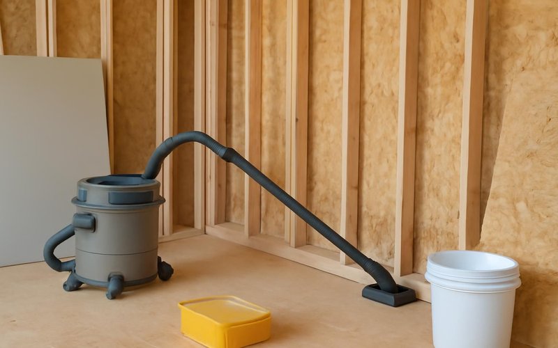 AI concept: Technician HEPA vacuuming wall framing