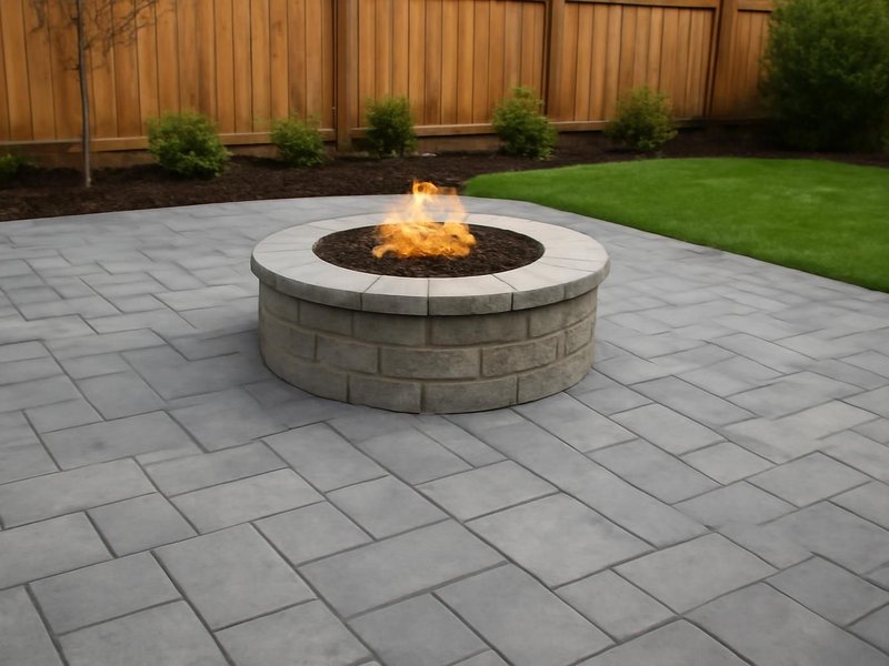 AI concept: Remodeled idea: gray slab paver patio with a round gas fire pit