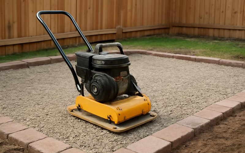 AI concept: Plate compactor on a gravel base for a patio