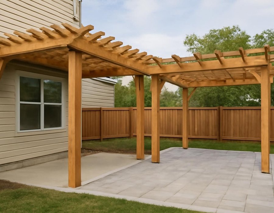 An attached pergola off a house wall beside a freestanding pergola over a patio