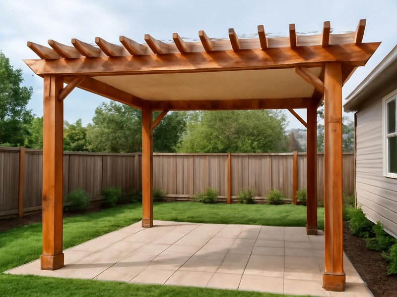 After: cedar pergola with north-south slats and a shade panel