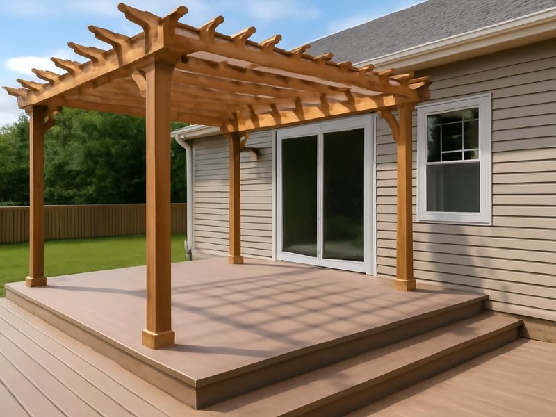Before: bare composite deck off a family room