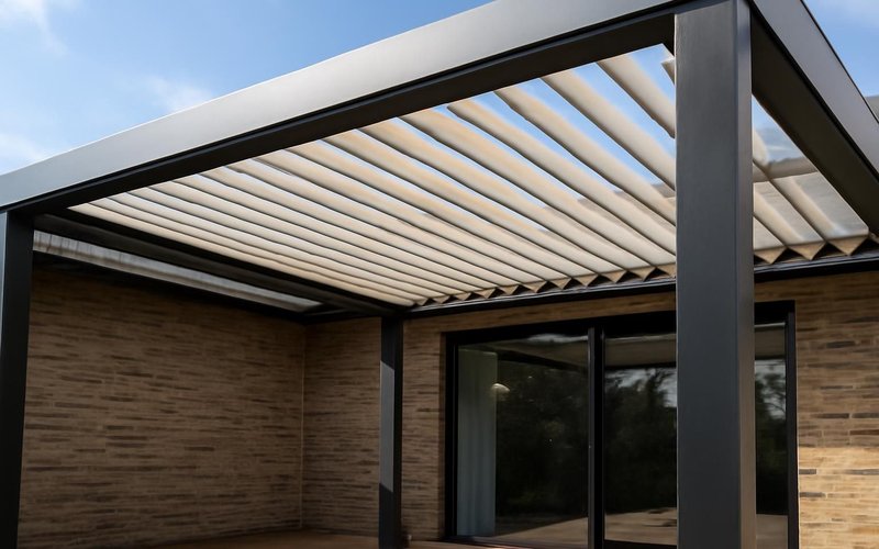Motorized louvered pergola roof with louvers half open