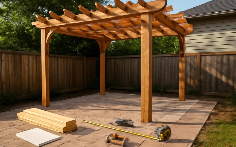 Supervisor measuring a patio for a pergola in afternoon sun