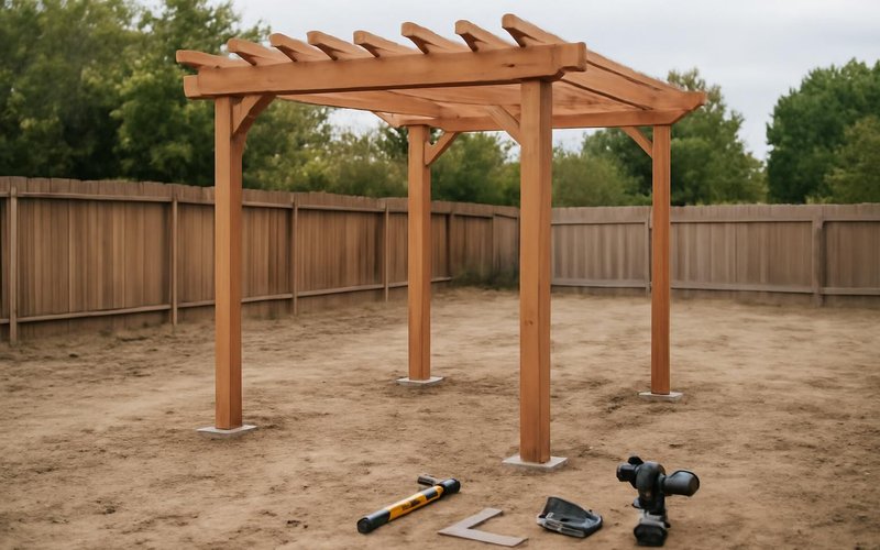 Carpenters setting cedar pergola beams on posts