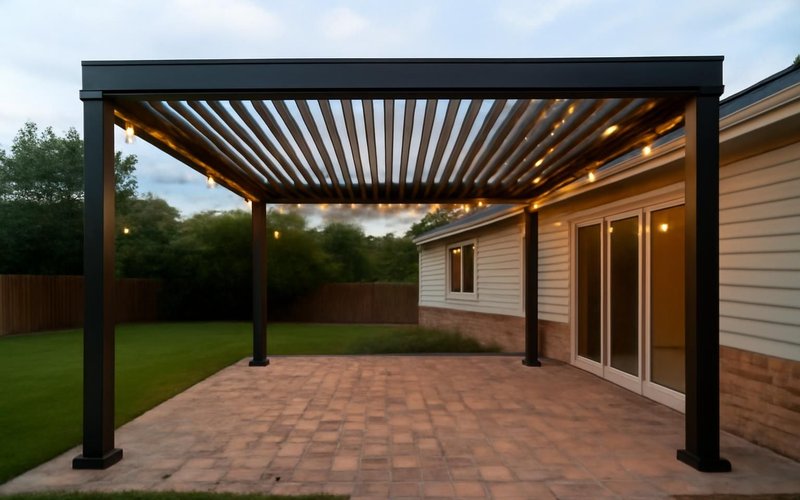Finished louvered pergola over a patio with lights on