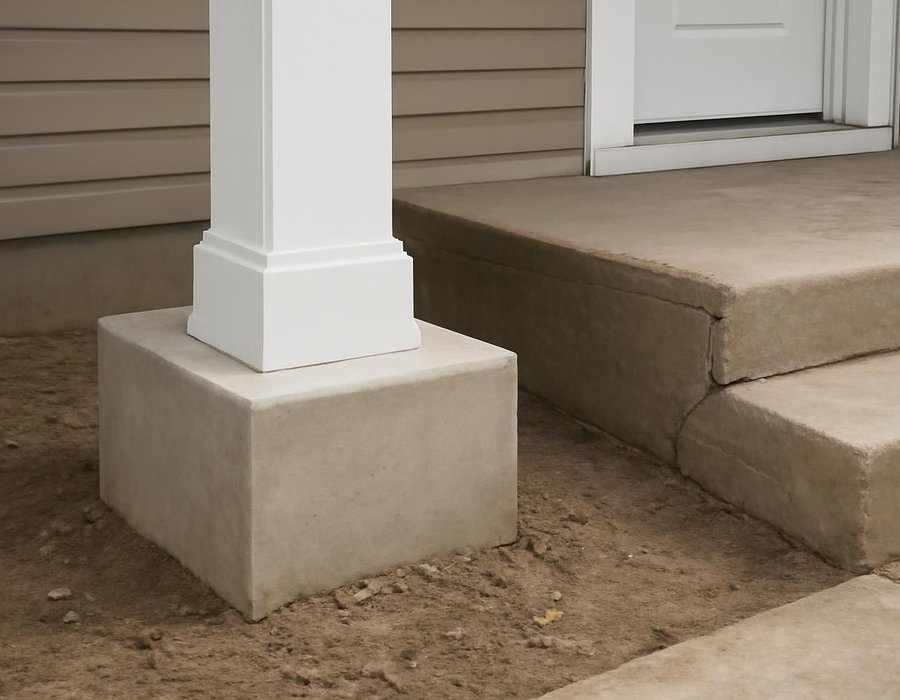 AI concept: A porch column base on a thickened concrete footing next to a cracked old stoop