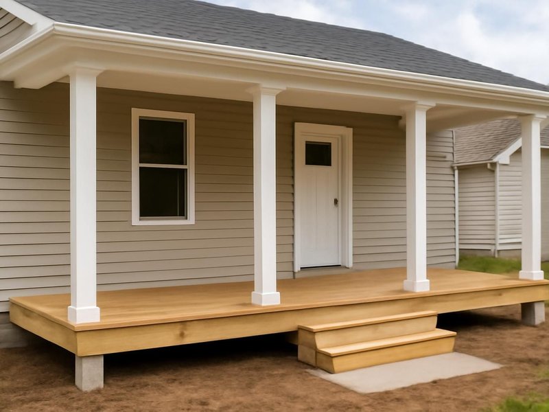 AI concept: Remodeled idea: full-width porch with a shed roof and square white columns