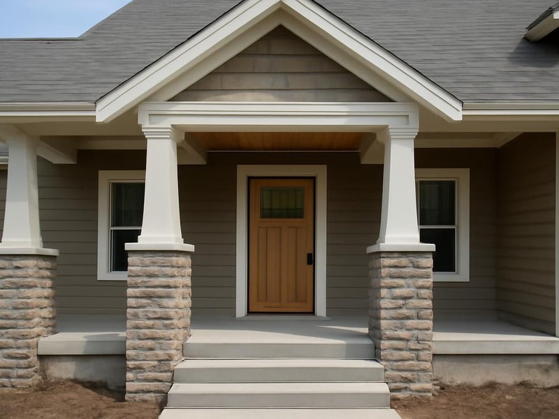 AI concept: Remodeled idea: gable covered entry with stone column bases and wide steps