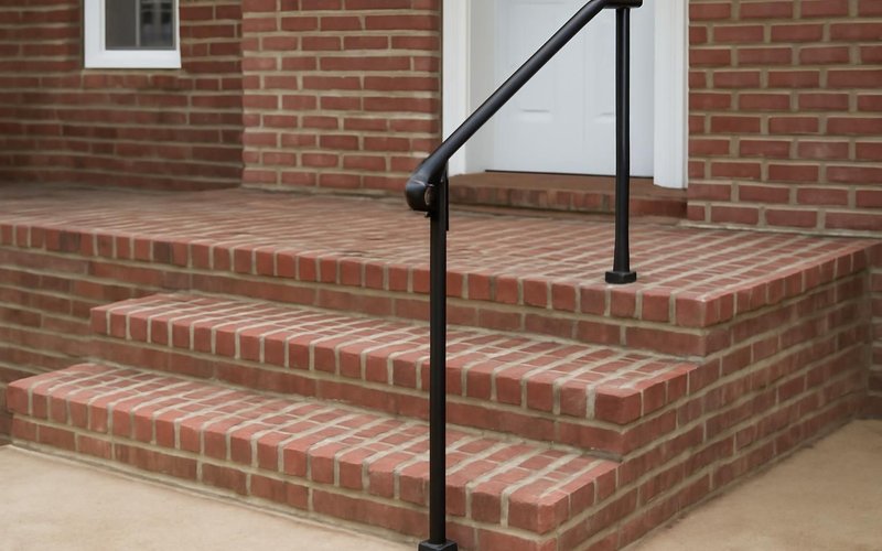 AI concept: Wide brick porch steps with a black metal handrail
