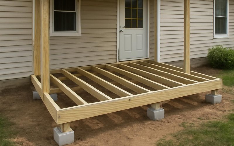 AI concept: Porch floor framing on new concrete footings