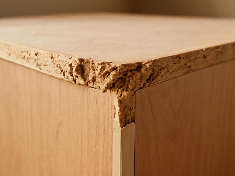AI concept: Close-up of swollen particleboard cabinet box edge with visible crumbling wood particles