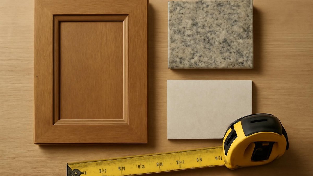 AI concept: Kitchen budget planning concept showing cabinet door sample, stone slab sample, tile sample and plain unmarked tape measure on a table. Not a chart or infographic