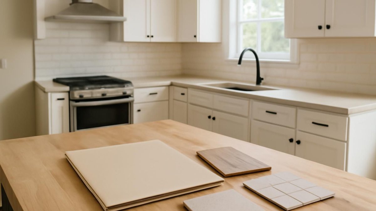 AI concept: Blank closed folder and material samples on a kitchen table in a bright remodeled kitchen