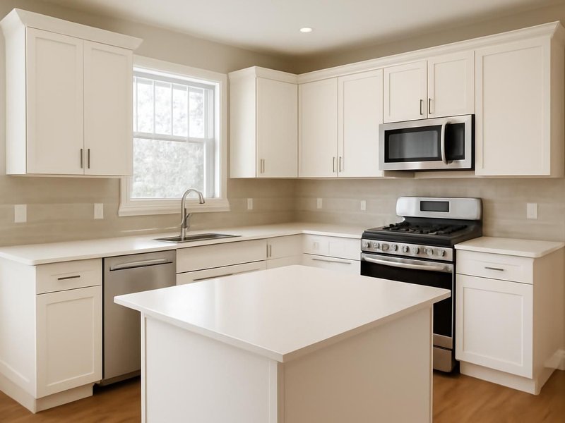AI concept: Remodeled kitchen with new semi-custom white shaker cabinets and quartz counters