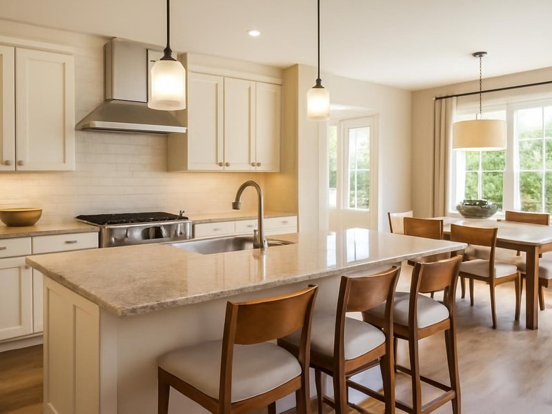 AI concept: Open-plan remodeled kitchen with large island and seating facing a dining area