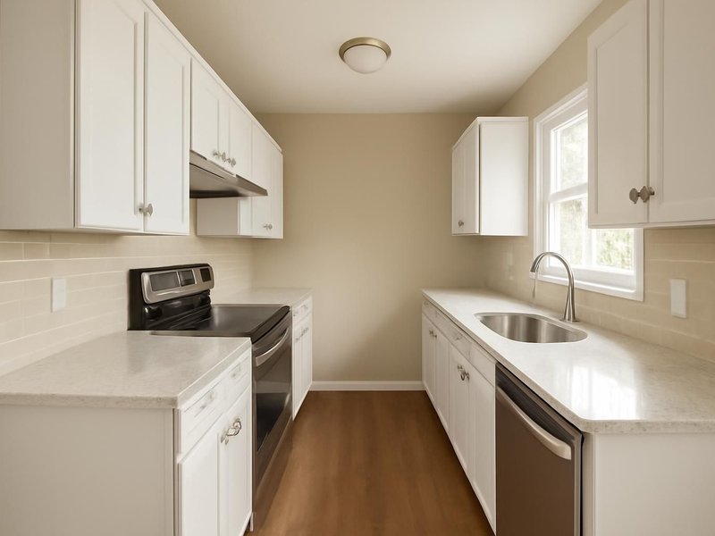 AI concept: Compact refreshed kitchen with white cabinet fronts and new quartz counters, modest unchanged galley layout
