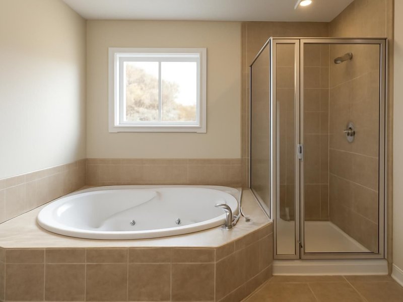 Before: corner jetted tub and a narrow shower stall