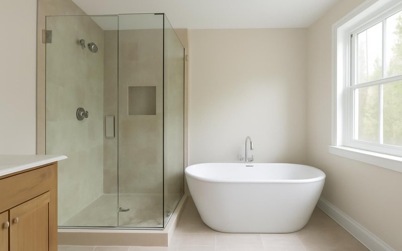 Finished primary bathroom with glass shower and freestanding tub
